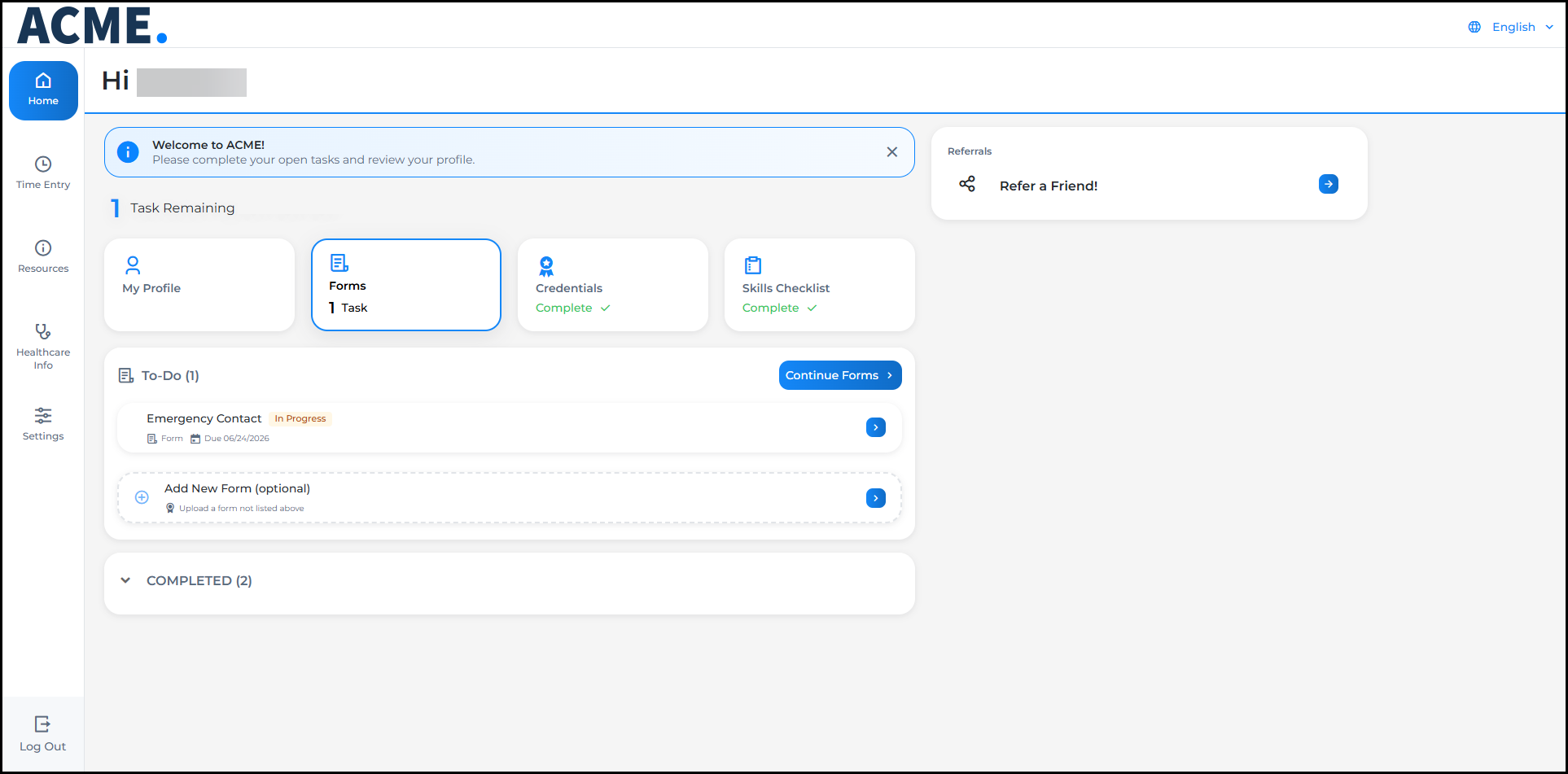 The Task Hub home page showing task tiles and total tasks remaining